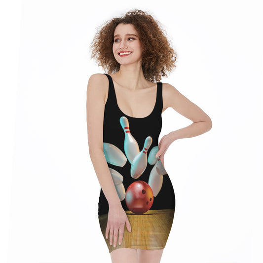 Bowling Strike Print Sleeveless Bodycon Dress