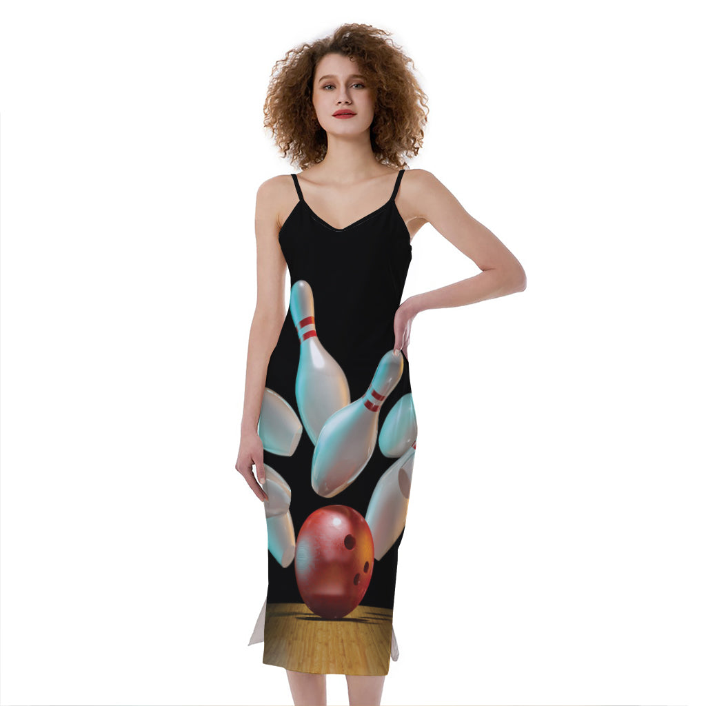 Bowling Strike Print Slim Fit Midi Cami Dress