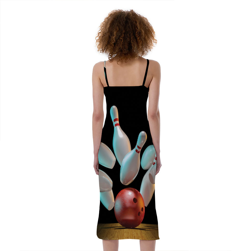 Bowling Strike Print Slim Fit Midi Cami Dress