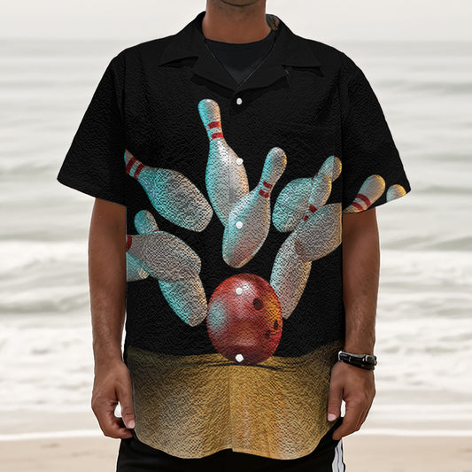 Bowling Strike Print Textured Short Sleeve Shirt