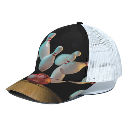 Bowling Strike Print White Mesh Trucker Cap