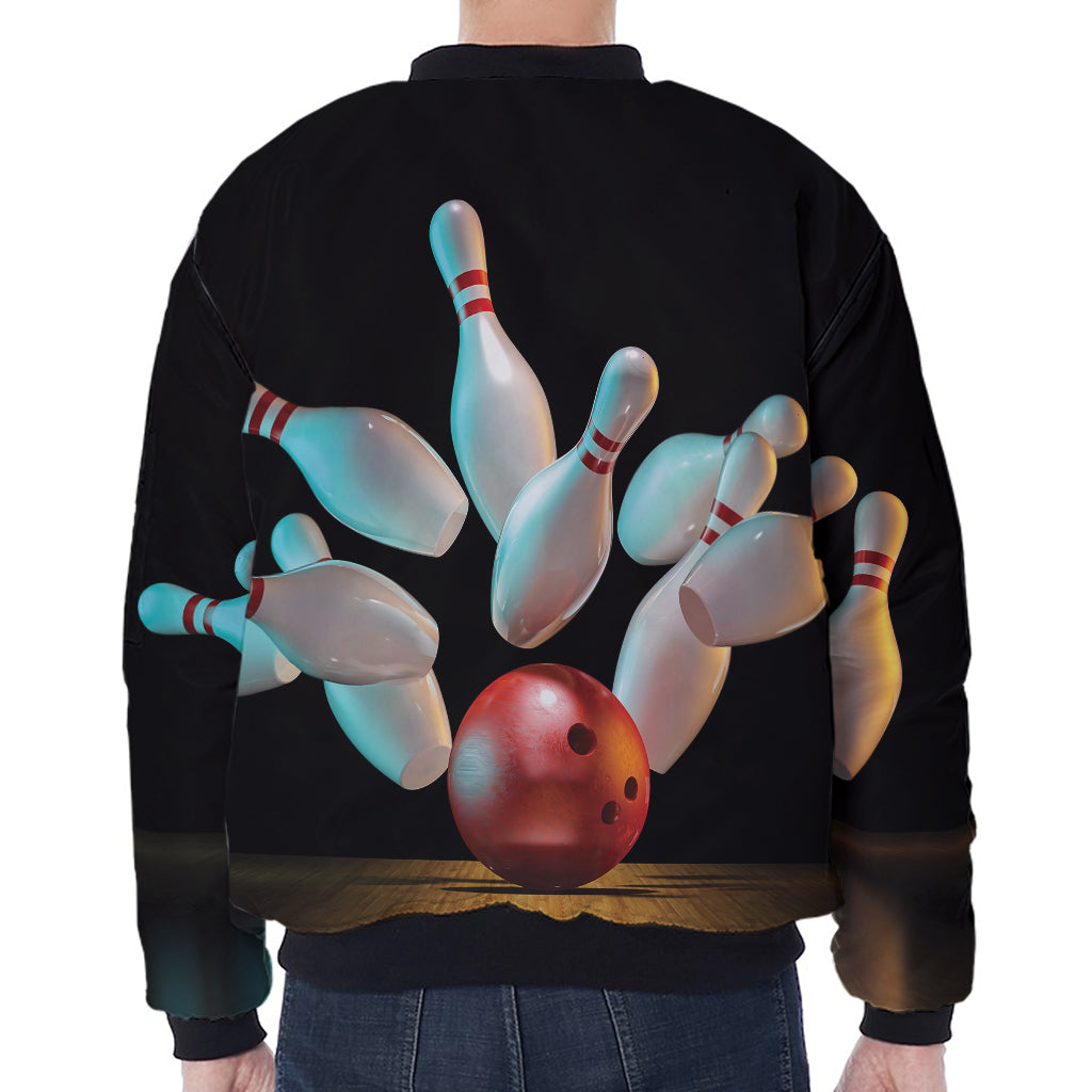 Bowling Strike Print Zip Sleeve Bomber Jacket