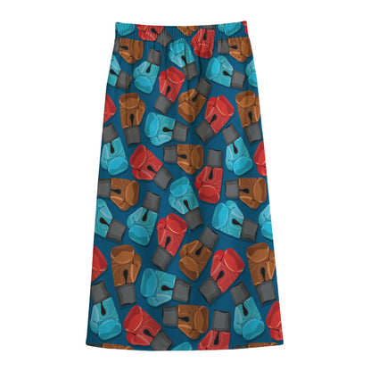Boxing Gloves Pattern Print Cotton Front Slit Maxi Skirt