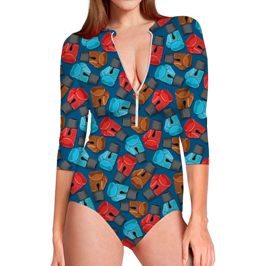 Boxing Gloves Pattern Print Long Sleeve Swimsuit