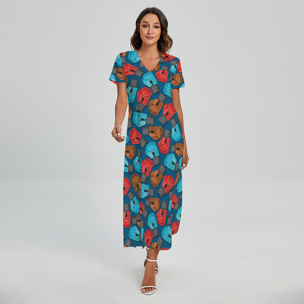 Boxing Gloves Pattern Print Short Sleeve Maxi Dress