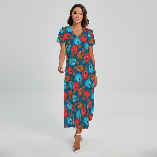 Boxing Gloves Pattern Print Short Sleeve Maxi Dress