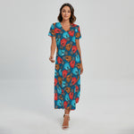 Boxing Gloves Pattern Print Short Sleeve Maxi Dress