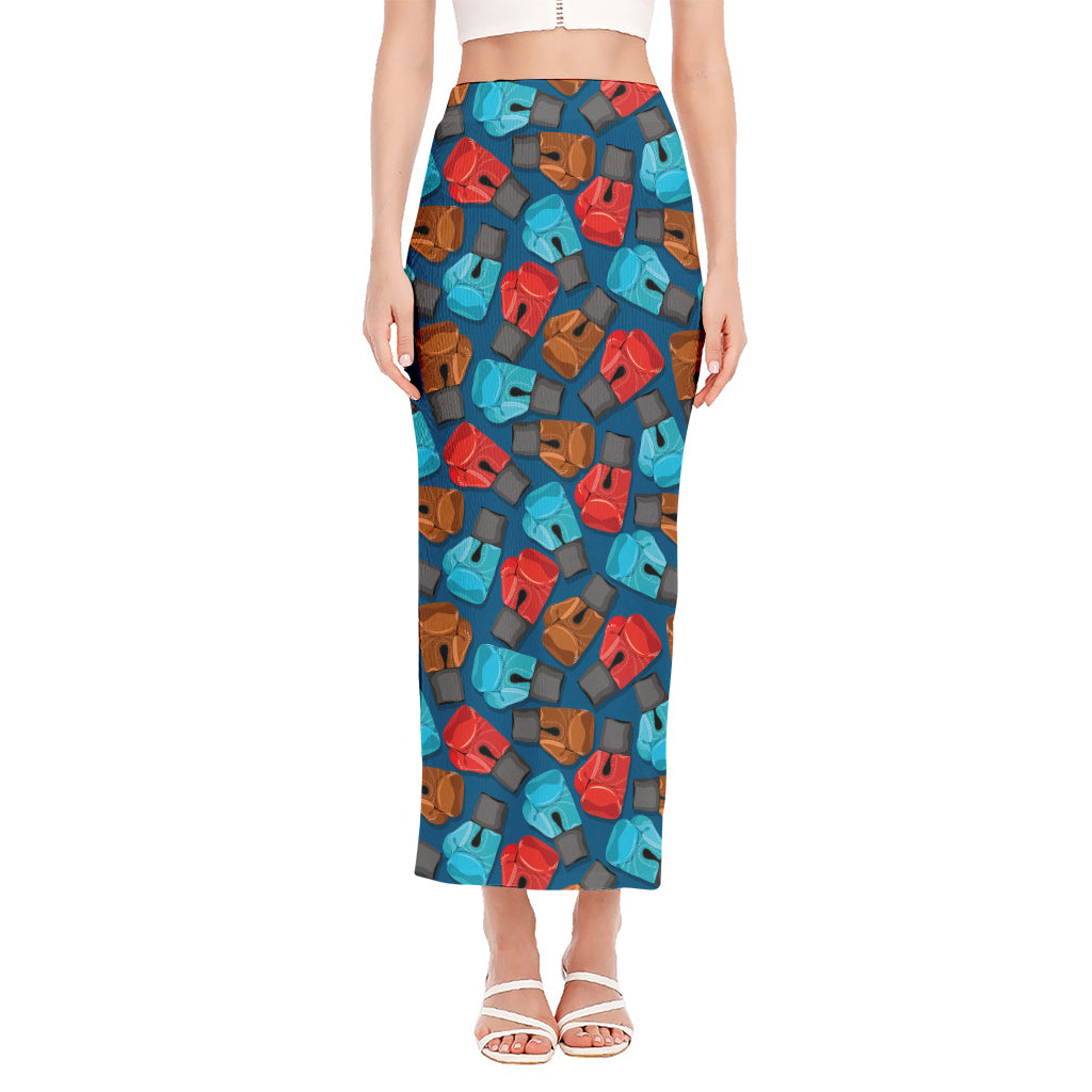 Boxing Gloves Pattern Print Side Slit Maxi Skirt