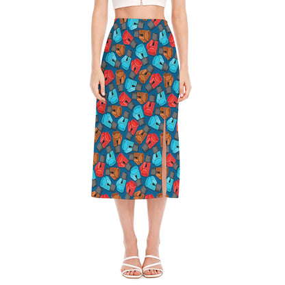 Boxing Gloves Pattern Print Side Slit Midi Skirt