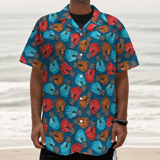 Boxing Gloves Pattern Print Textured Short Sleeve Shirt