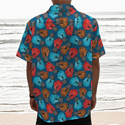 Boxing Gloves Pattern Print Textured Short Sleeve Shirt