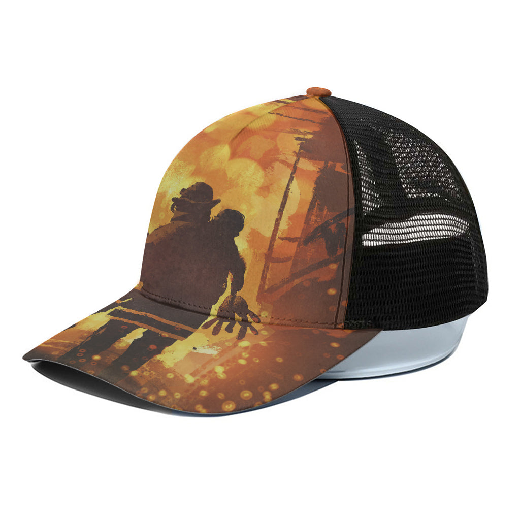 Brave Firefighter Painting Print Black Mesh Trucker Cap