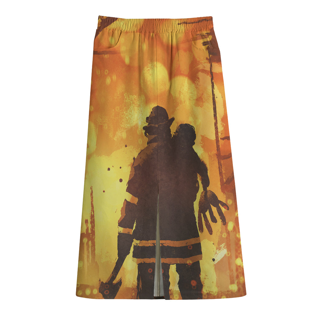 Brave Firefighter Painting Print Cotton Front Slit Maxi Skirt