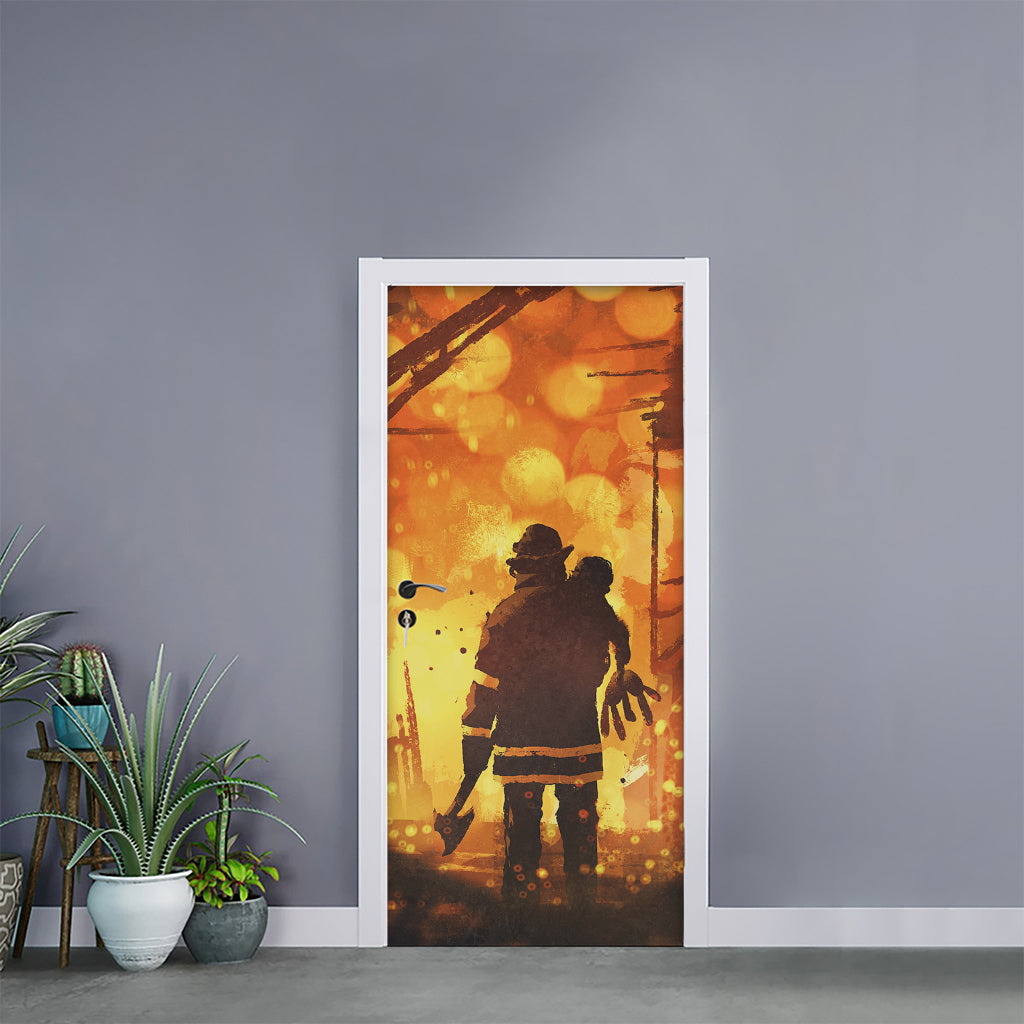 Brave Firefighter Painting Print Door Sticker