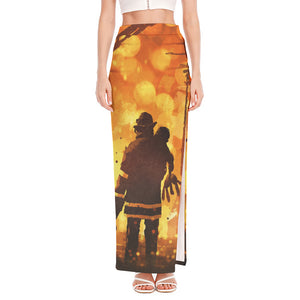 Brave Firefighter Painting Print High Slit Maxi Skirt