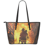 Brave Firefighter Painting Print Leather Tote Bag