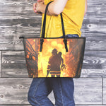 Brave Firefighter Painting Print Leather Tote Bag