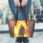 Brave Firefighter Painting Print Leather Tote Bag