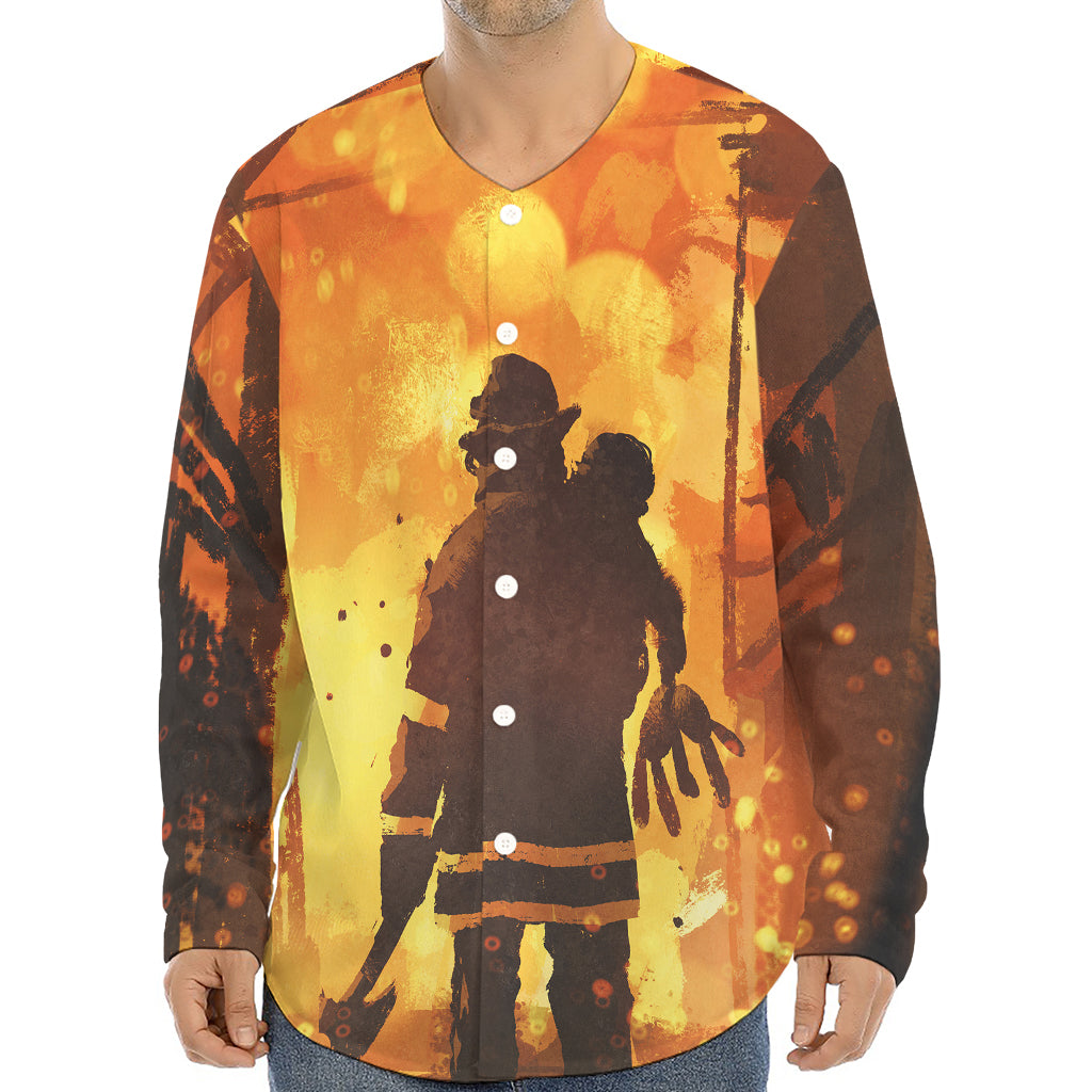 Brave Firefighter Painting Print Long Sleeve Baseball Jersey