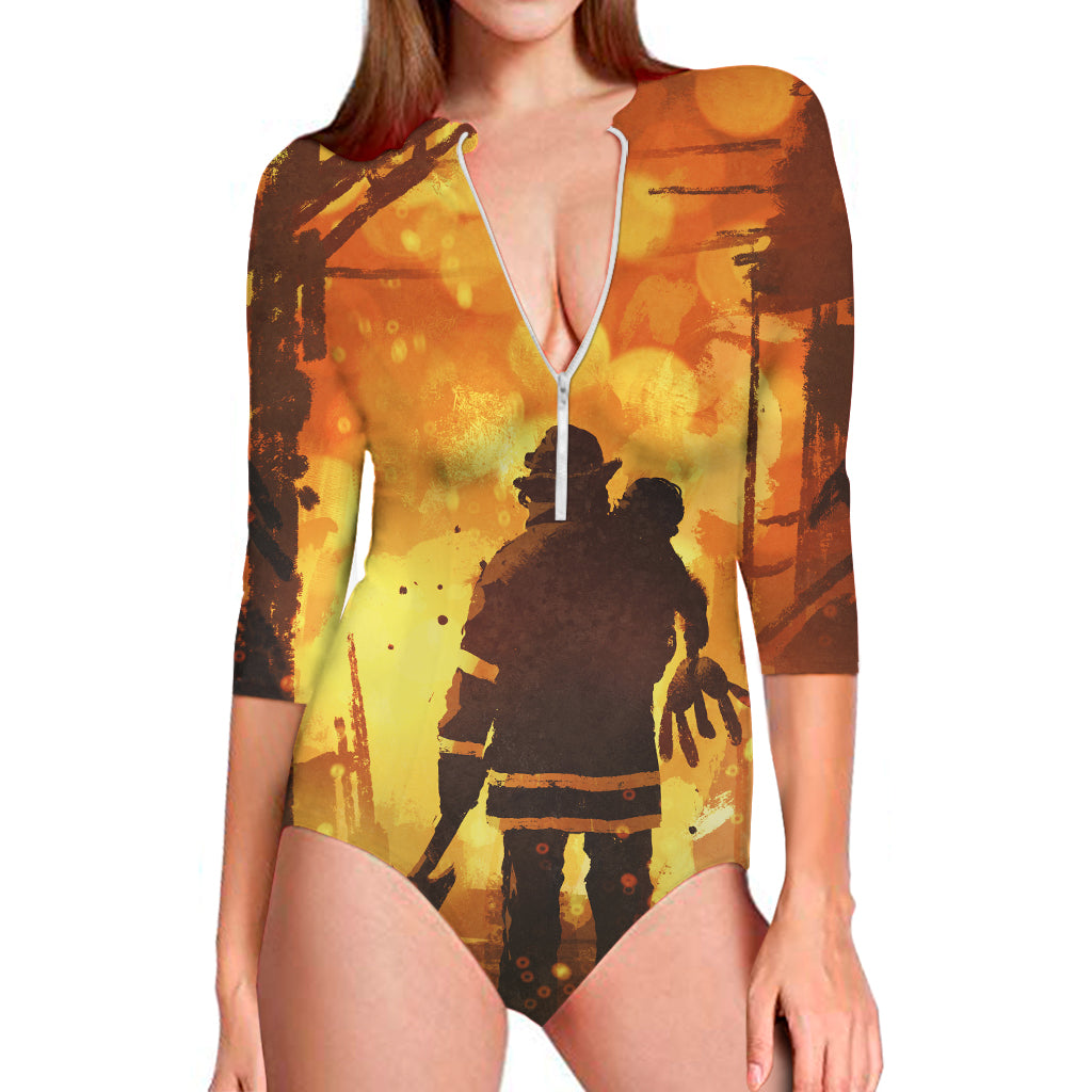 Brave Firefighter Painting Print Long Sleeve Swimsuit