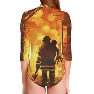 Brave Firefighter Painting Print Long Sleeve Swimsuit