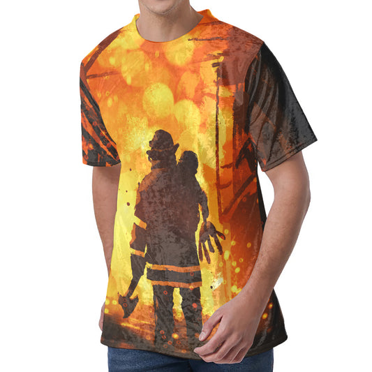 Brave Firefighter Painting Print Men's Velvet T-Shirt