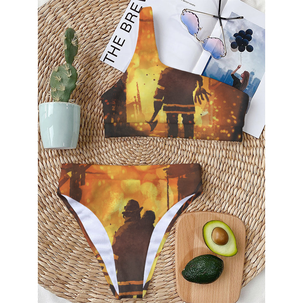 Brave Firefighter Painting Print One Shoulder Bikini Top