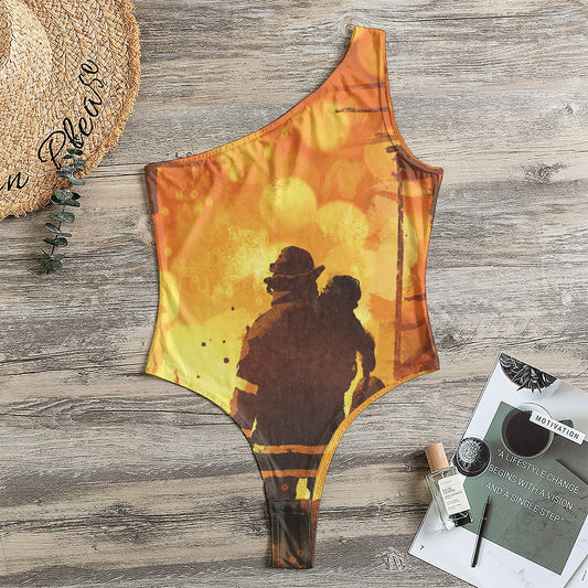 Brave Firefighter Painting Print One Shoulder Bodysuit