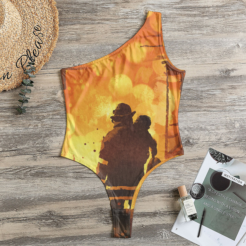 Brave Firefighter Painting Print One Shoulder Bodysuit