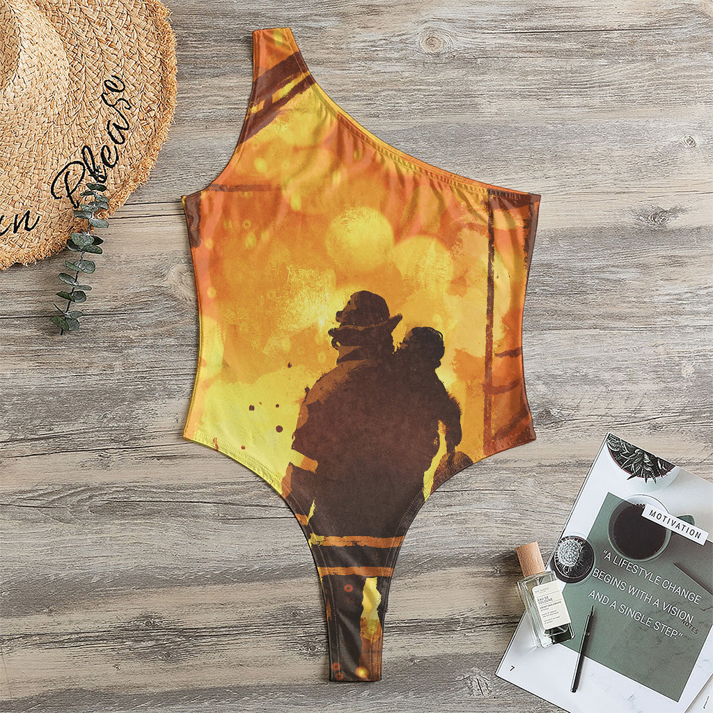 Brave Firefighter Painting Print One Shoulder Bodysuit