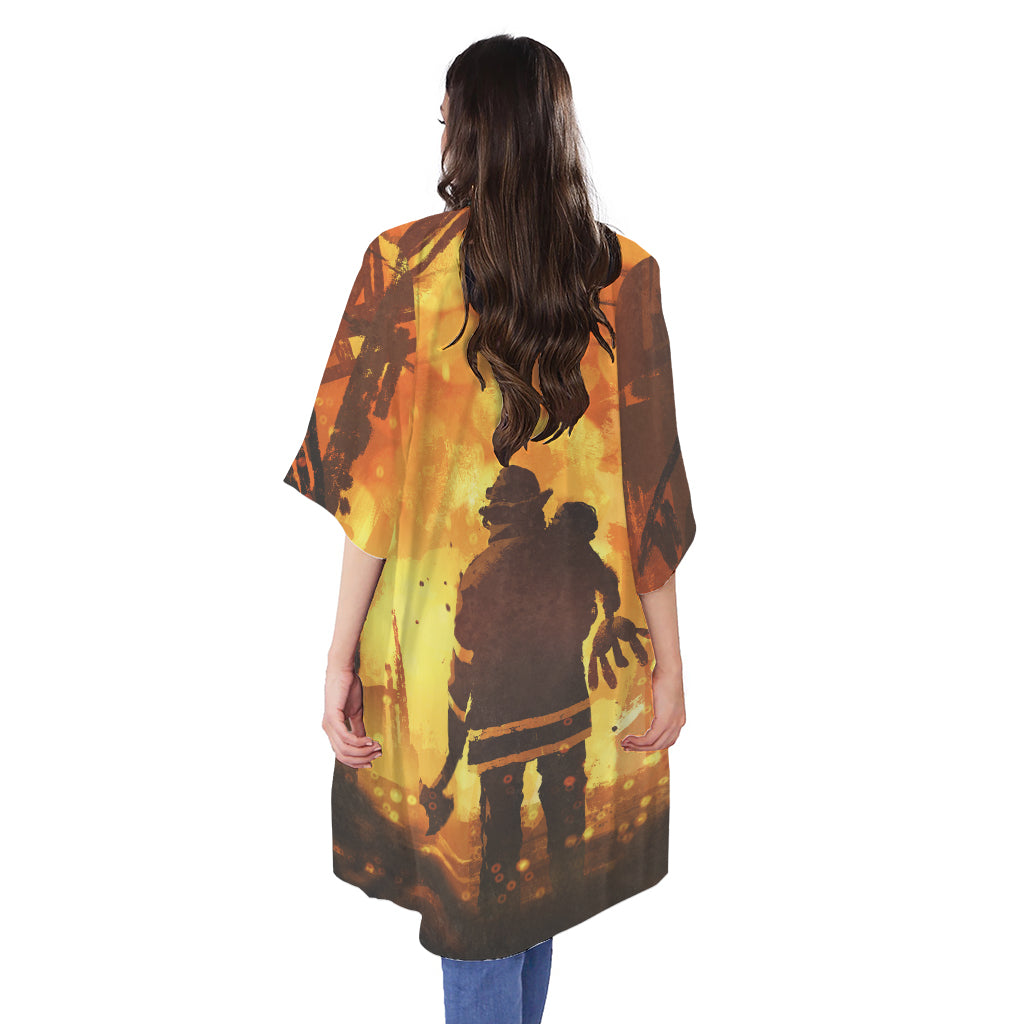 Brave Firefighter Painting Print Open Front Beach Cover Up