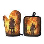 Brave Firefighter Painting Print Oven Mitt And Pot Holder Set