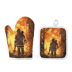 Brave Firefighter Painting Print Oven Mitt And Pot Holder Set