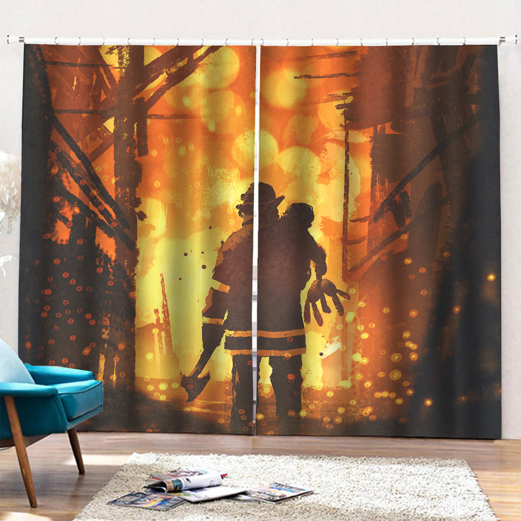 Brave Firefighter Painting Print Pencil Pleat Curtains