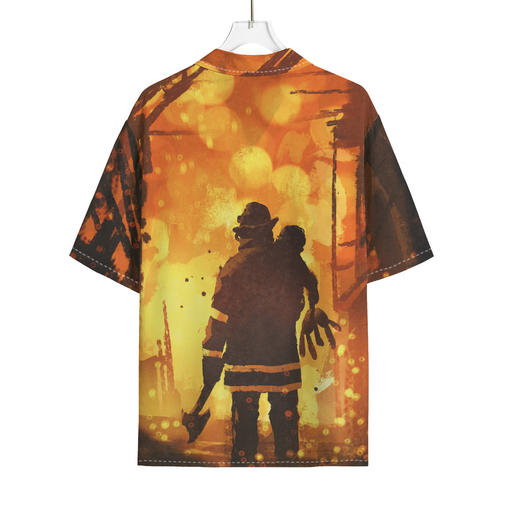 Brave Firefighter Painting Print Rayon Hawaiian Shirt