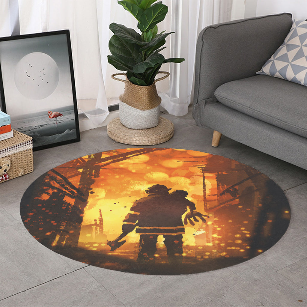 Brave Firefighter Painting Print Round Rug