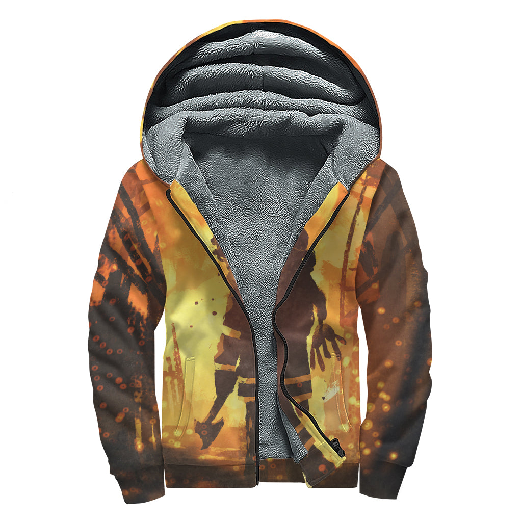 Brave Firefighter Painting Print Sherpa Lined Zip Up Hoodie