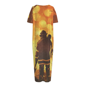 Brave Firefighter Painting Print Short Sleeve Long Nightdress