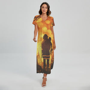 Brave Firefighter Painting Print Short Sleeve Maxi Dress