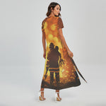 Brave Firefighter Painting Print Short Sleeve Maxi Dress