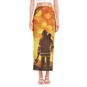 Brave Firefighter Painting Print Side Slit Maxi Skirt