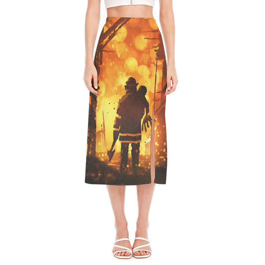 Brave Firefighter Painting Print Side Slit Midi Skirt