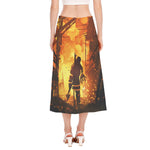 Brave Firefighter Painting Print Side Slit Midi Skirt