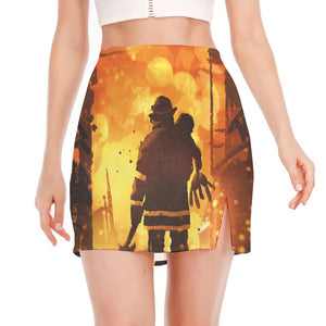 Brave Firefighter Painting Print Side Slit Mini Skirt