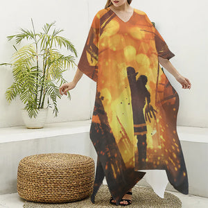 Brave Firefighter Painting Print Silk V-Neck Kaftan Dress