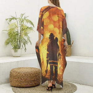 Brave Firefighter Painting Print Silk V-Neck Kaftan Dress