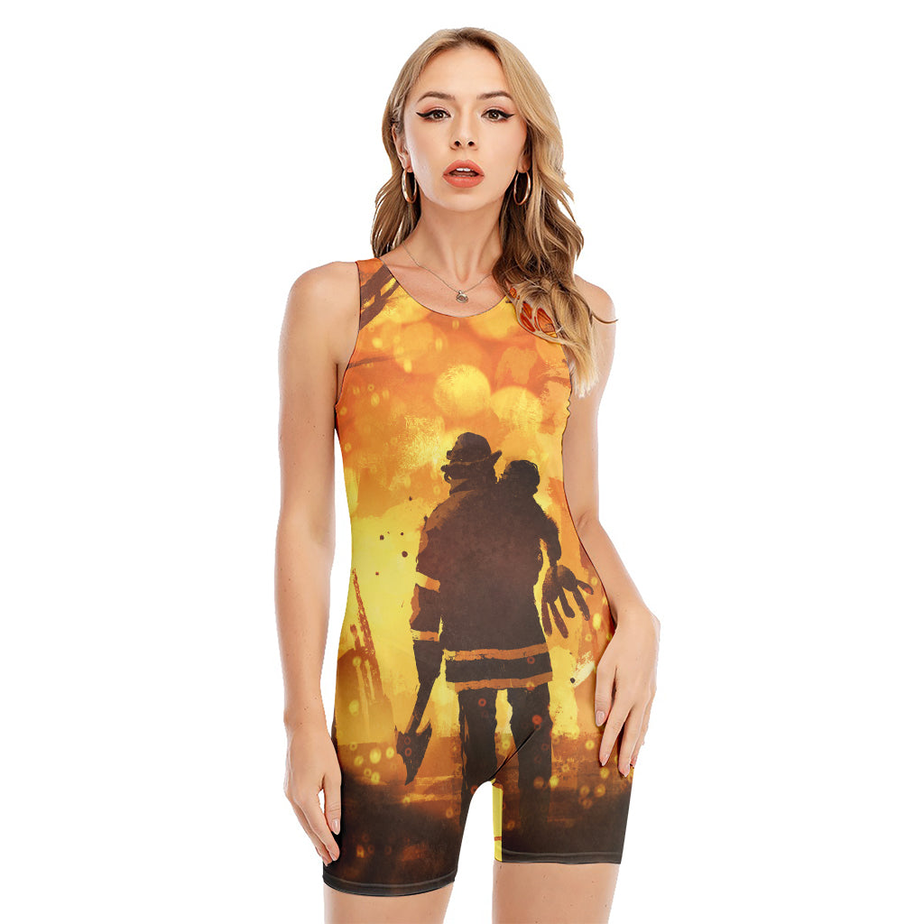 Brave Firefighter Painting Print Sleeveless One Piece Swimsuit