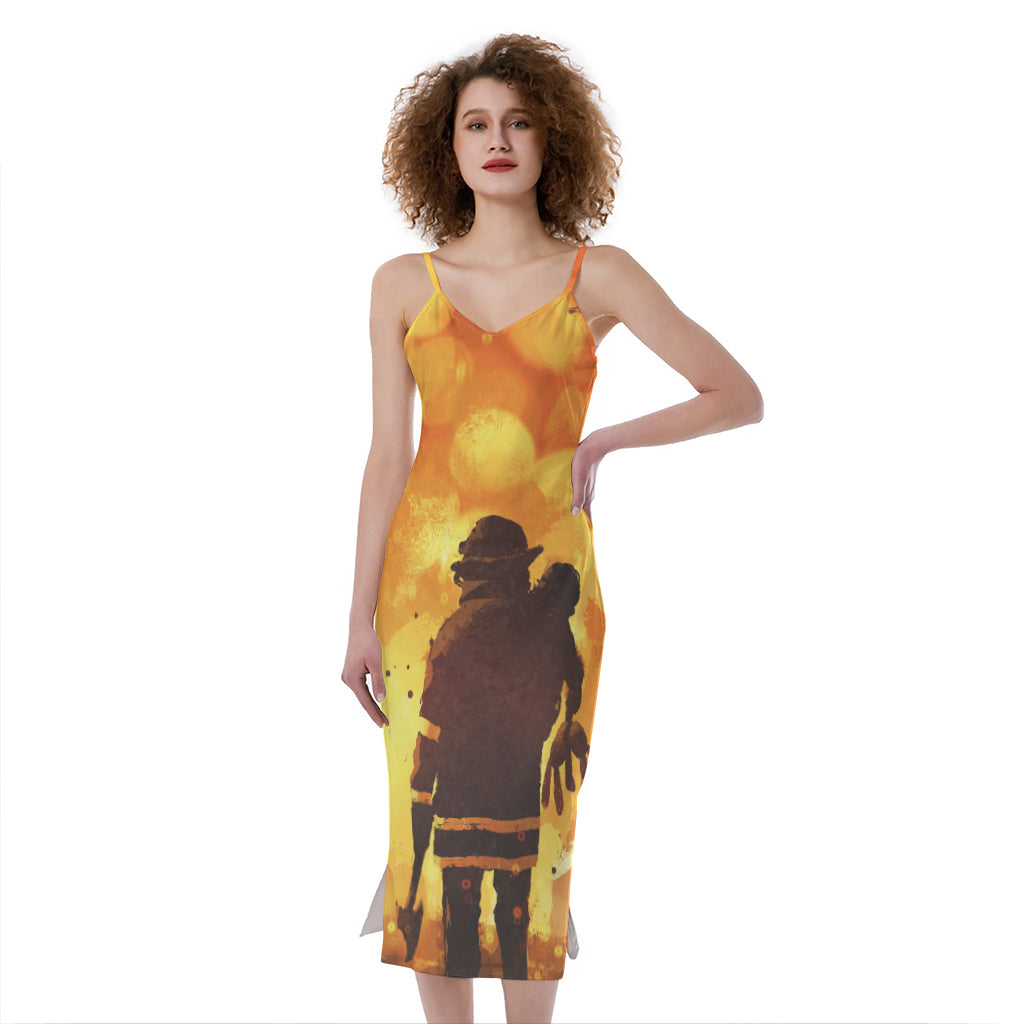 Brave Firefighter Painting Print Slim Fit Midi Cami Dress