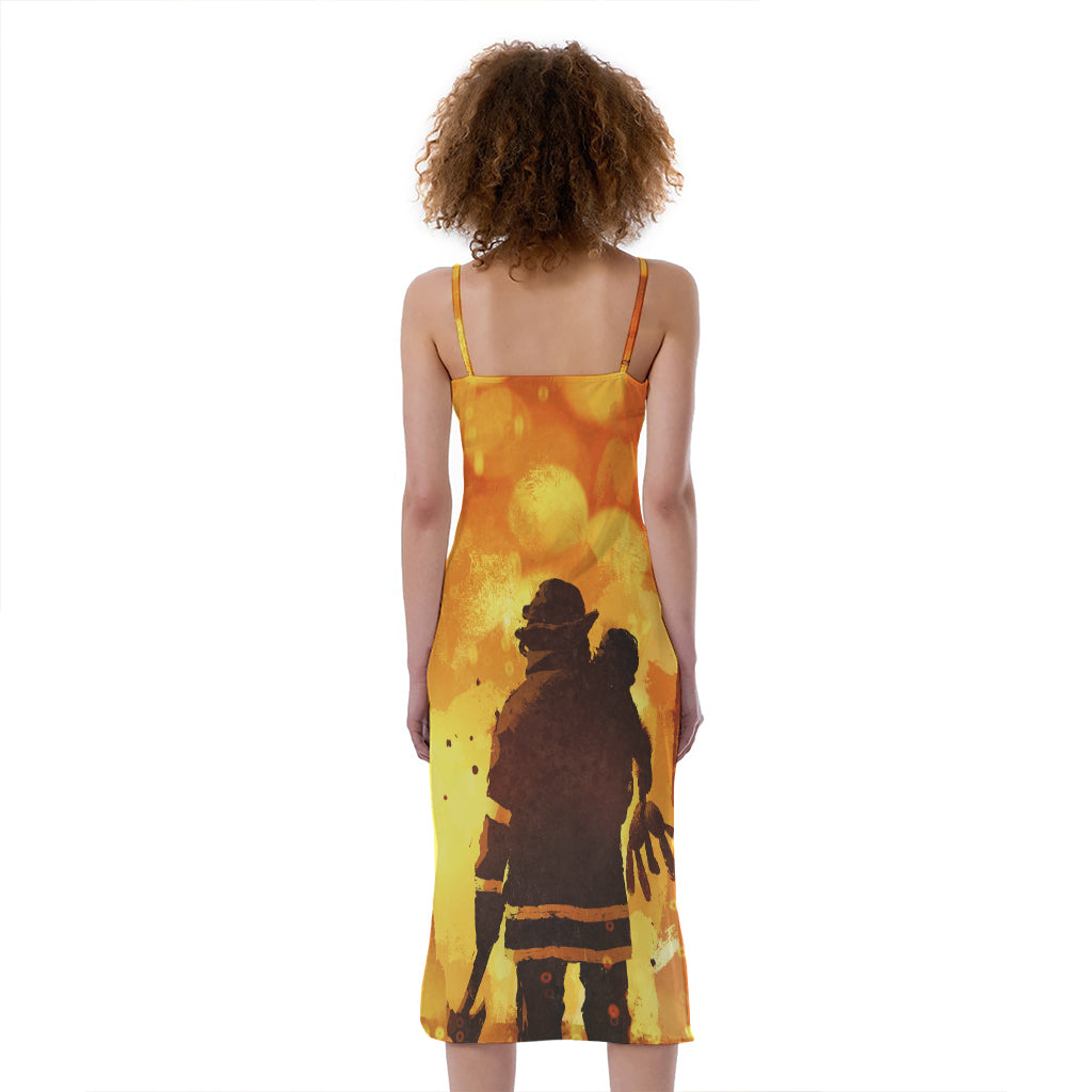 Brave Firefighter Painting Print Slim Fit Midi Cami Dress