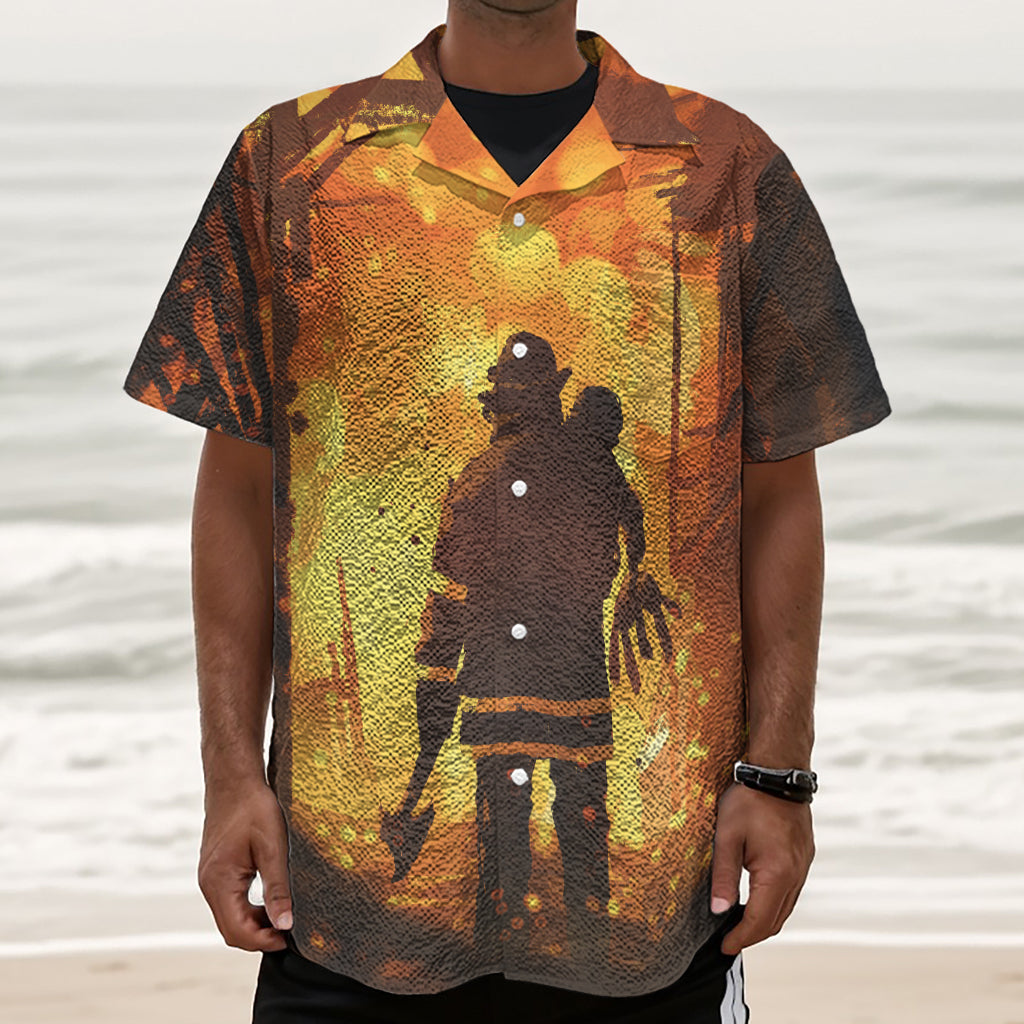 Brave Firefighter Painting Print Textured Short Sleeve Shirt